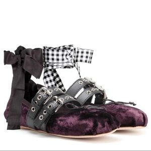 Miu Miu purple crushed velvet lace up flat w/laces